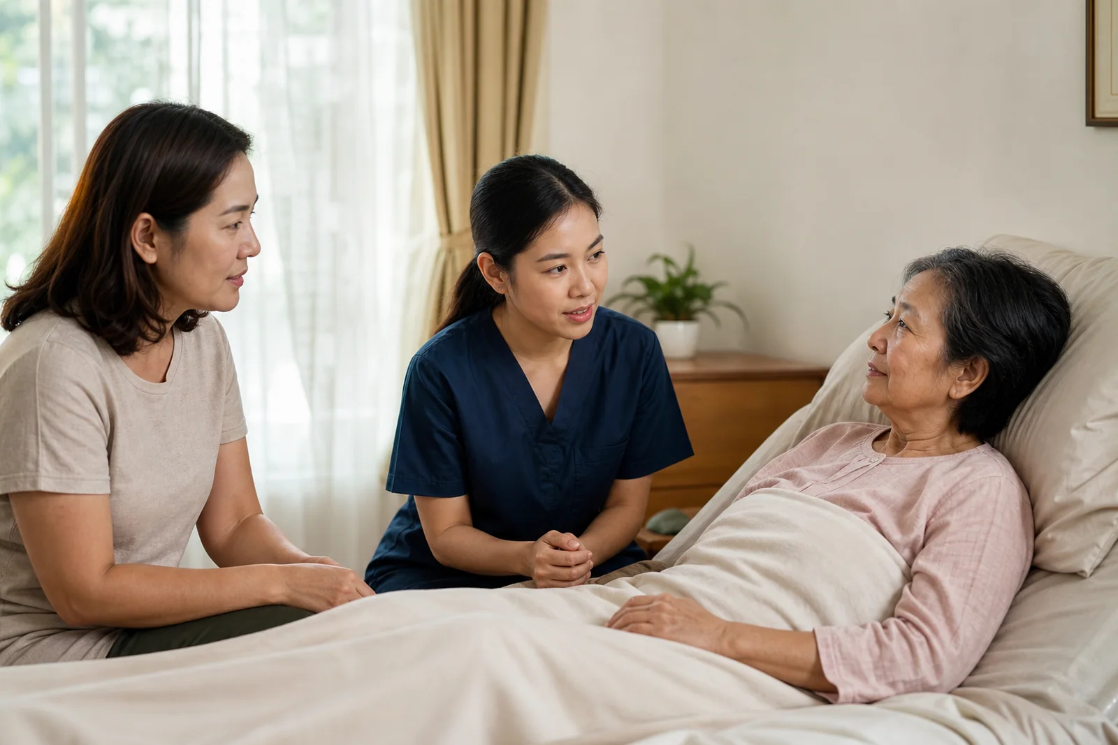 nurse speaking gently with a bedbound older patient