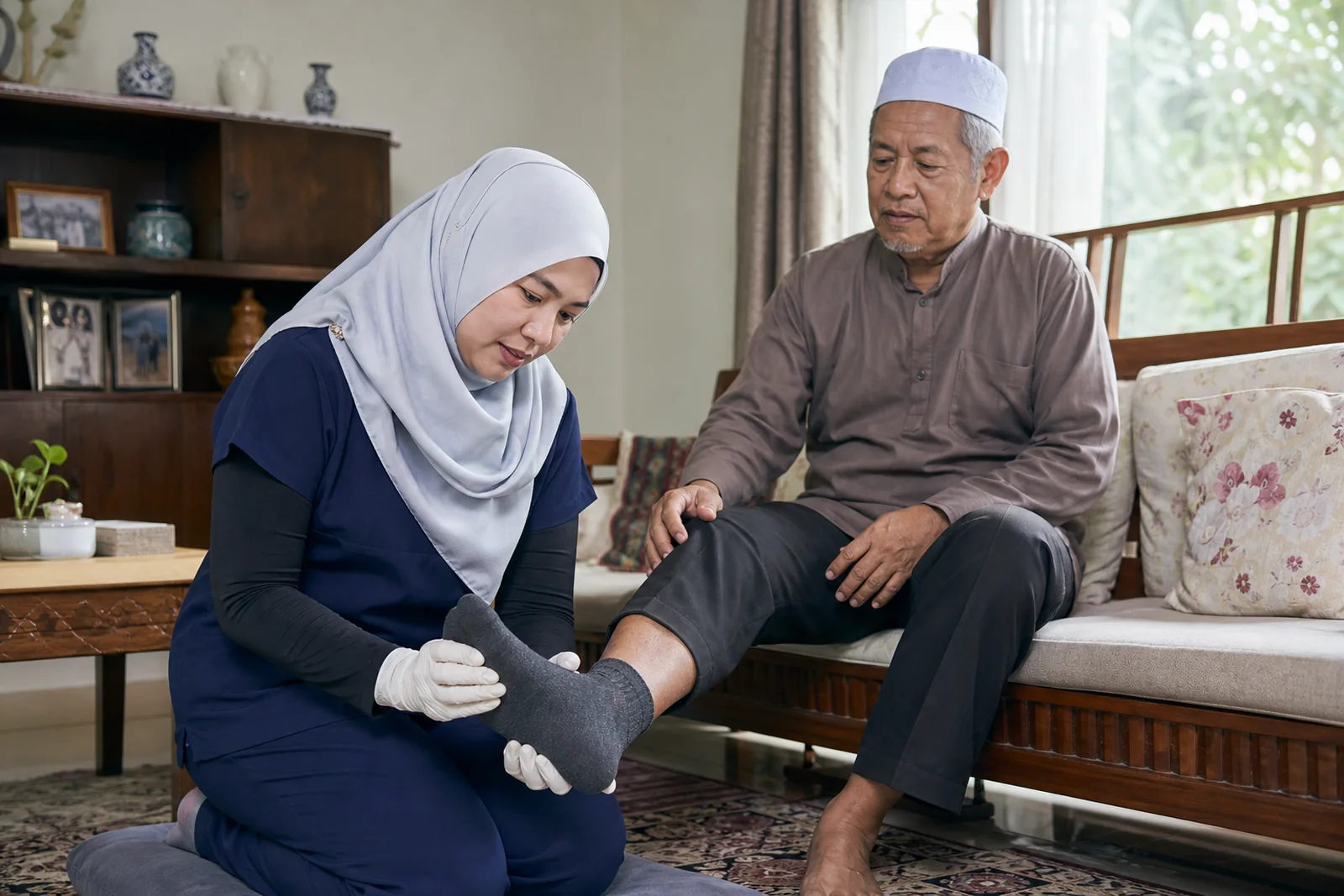 jururawat menjalankan penilaian penjagaan kaki dengan sopan