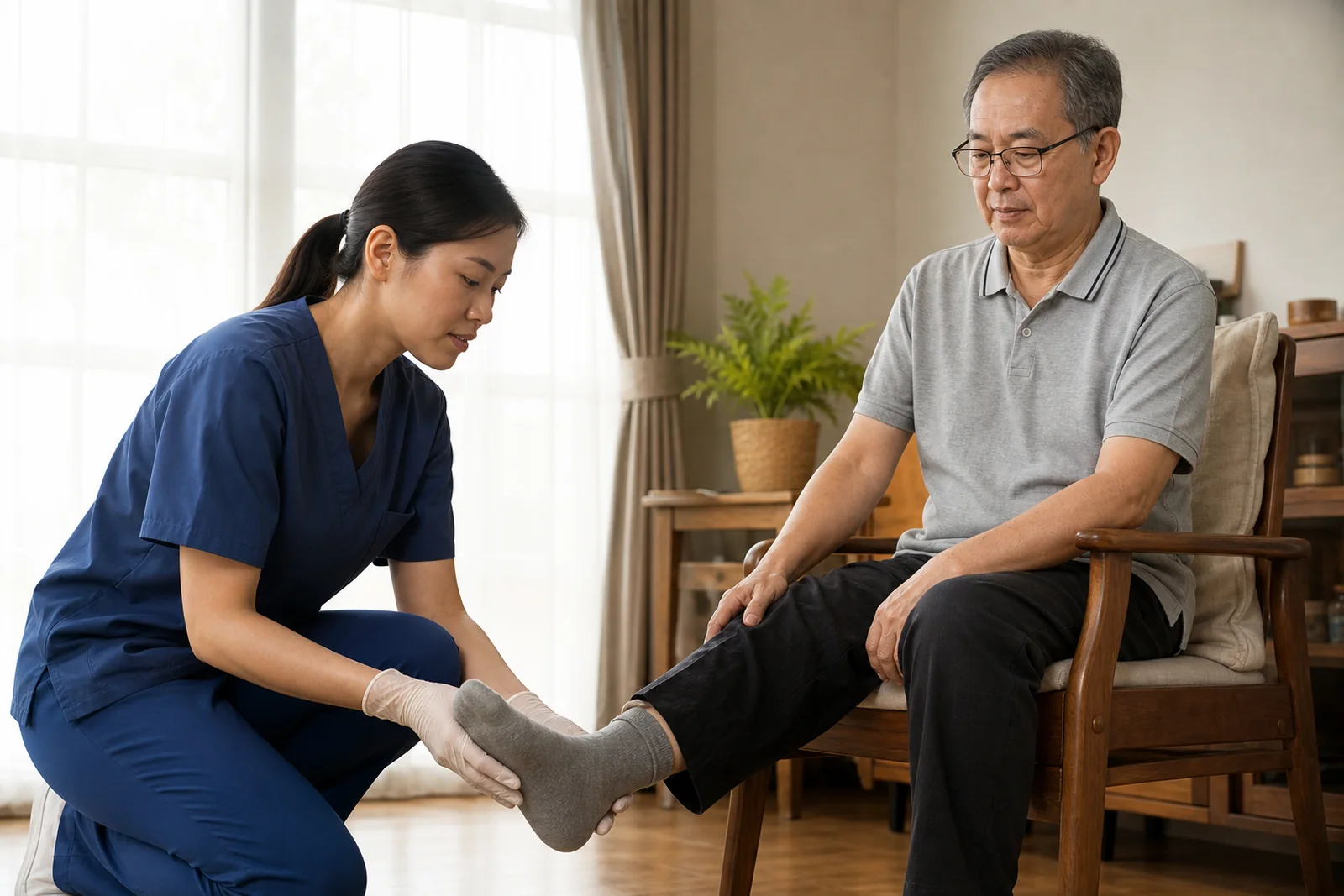 nurse carrying out a respectful foot-care assessment