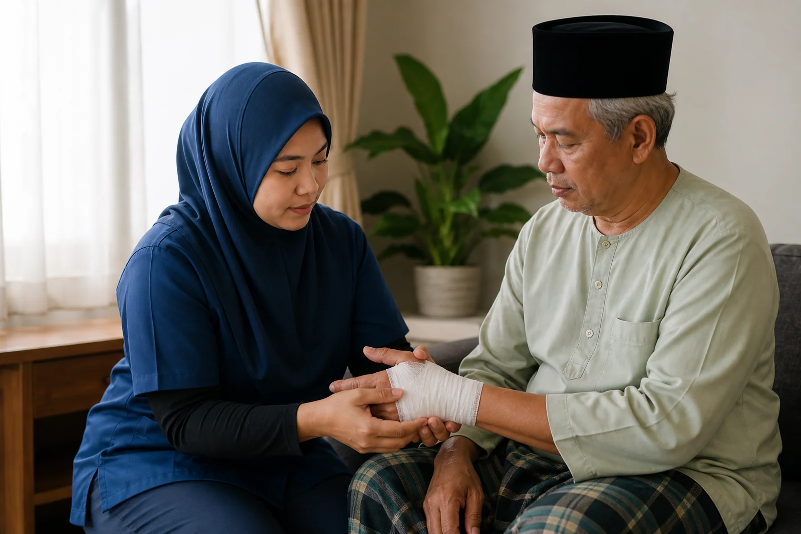 jururawat memeriksa tangan berbalut yang sedang sembuh