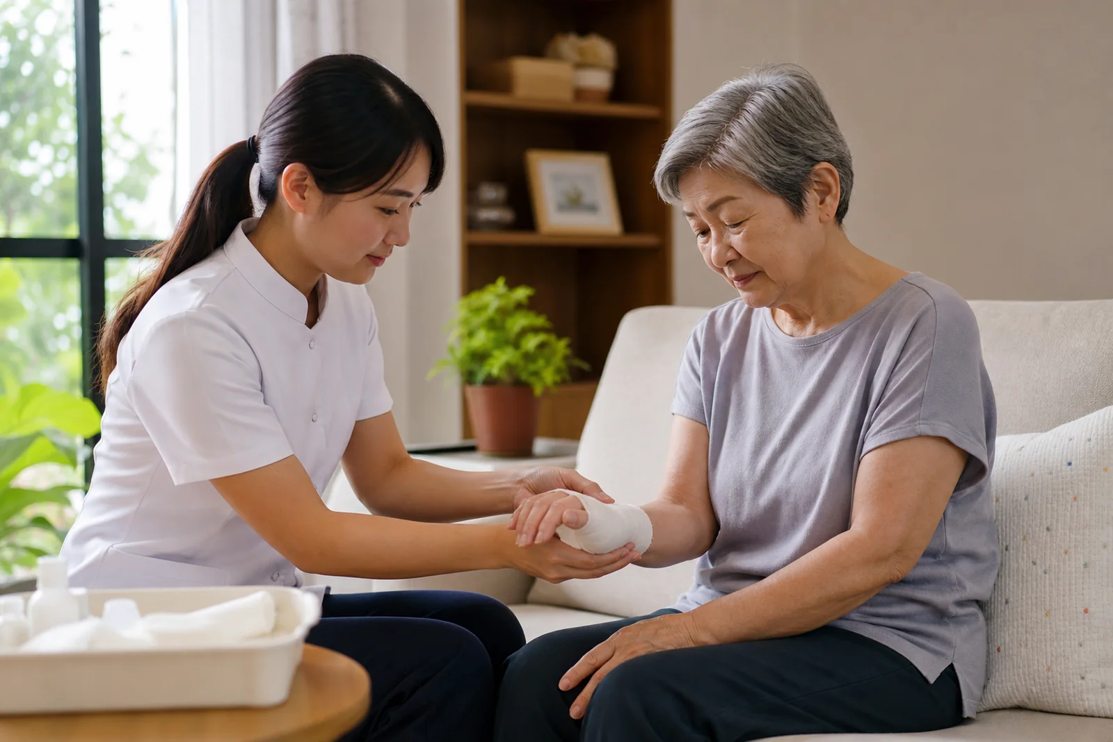 nurse checking a healing bandaged hand