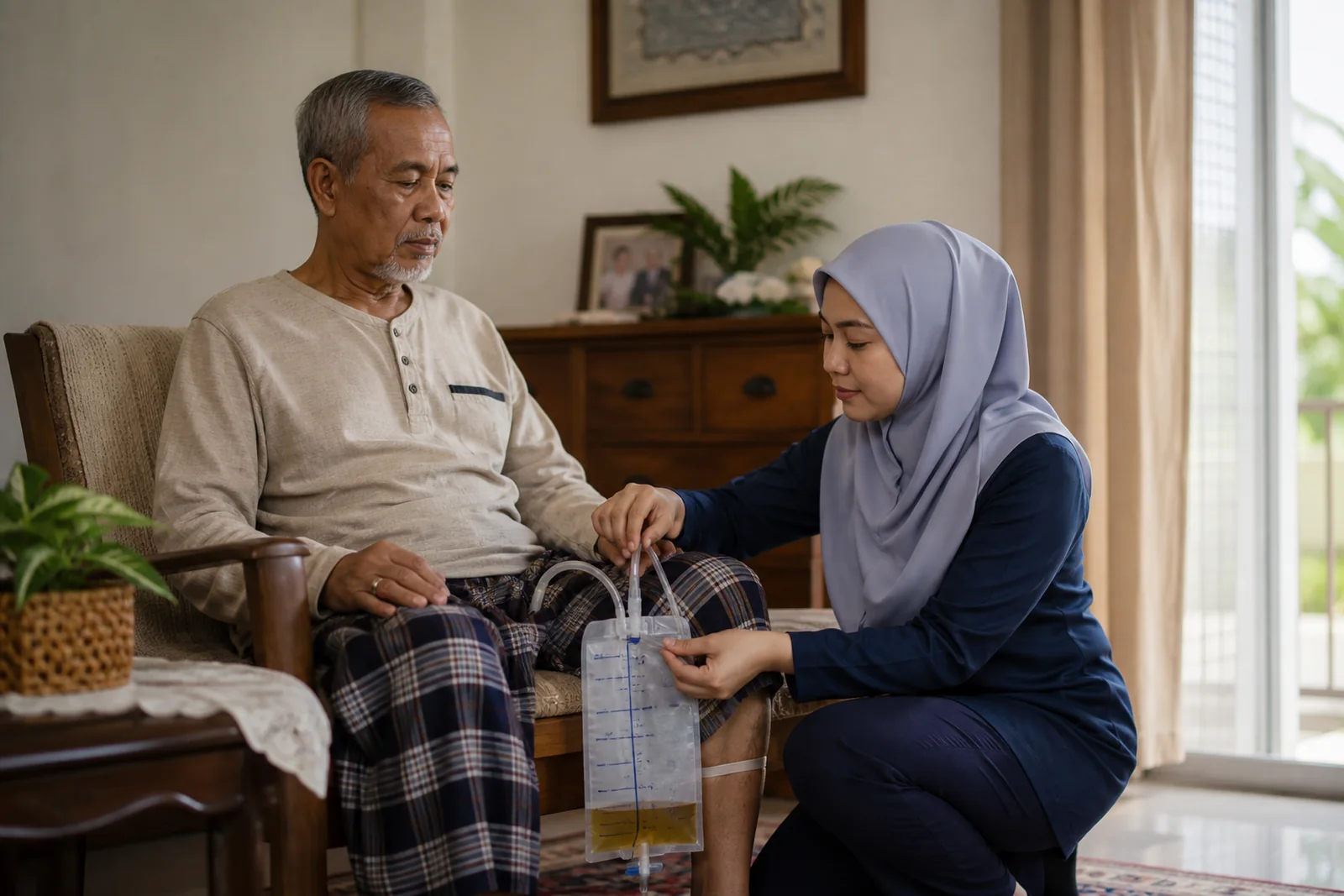 jururawat menyemak sokongan kateter kencing secara berhemah